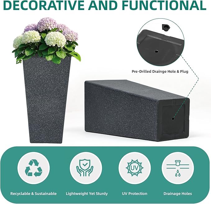Autodaya 28" Plant Pots Tall Planters for Plants Outdoor Set of 2 Plastic Planter Pot Large Flower Pots Indoor Weather-Resistant for Patio, Porch, Garden, Front Door Christmas Decor Terrazzo Black