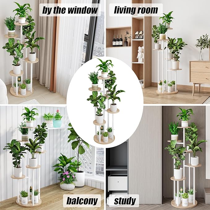 INGIORDAR Plant Stand Indoor Outdoor Corner Plant Shelf for Multiple Flower Pots Flower Stand Holder for Patio Garden Balcony Living Room (White+Sonoma Oak, 6 Tier)