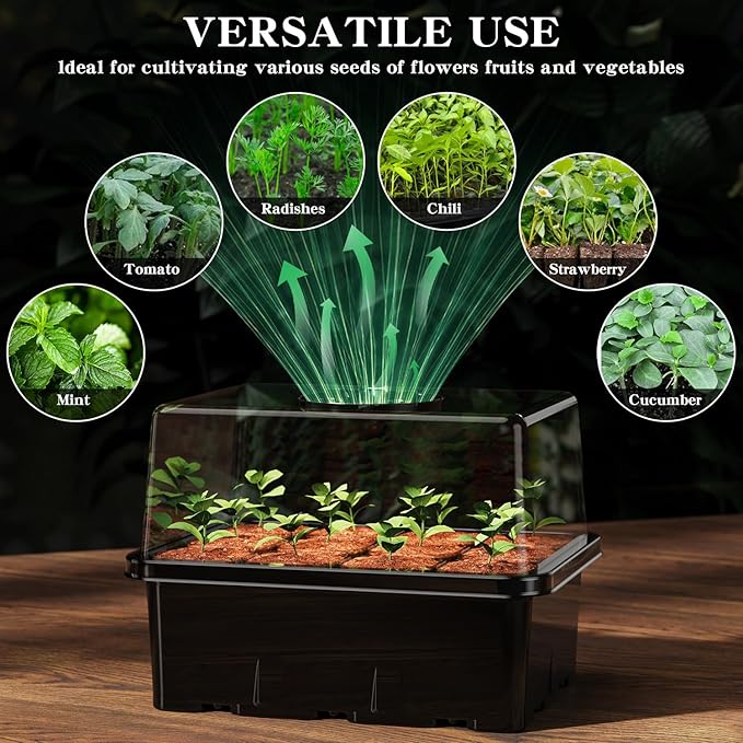 Seed Starter Tray with Grow Light, 5 Pack 60 Cells Seed Starter kit with Humidity Dome and Base, Plant Seedling Trays Indoor Greenhouse Gardening (Black 5 Pack)