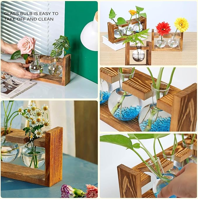 Kingbuy Glass Plant Terrarium with Retro Wood Stand – 3 Bulbs Propagation Station, Indoor Garden Planter & Bulb Vase, Desktop Decor for Home Kitchen Wedding, Gift for Women and Plant Lovers