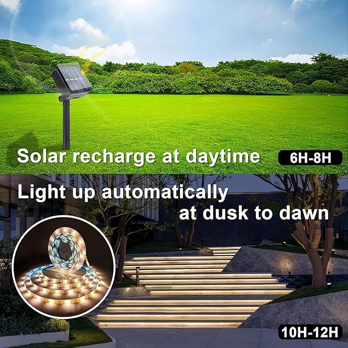 Solar Rope Lights Outdoor Waterproof 10FT Cuttable Solar Strip Light Dusk to Dawn with 8 Modes Tape Decorative Lighting for Outside,Sign, Stair, Step, Yard, 2 Pack