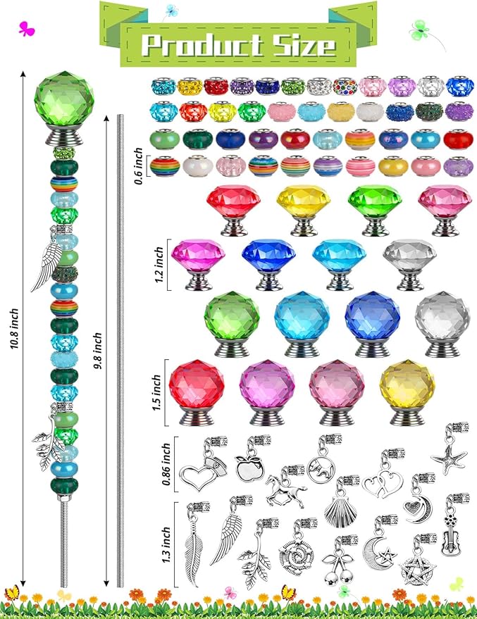 336 Pcs Beaded Garden Stakes, DIY Fairy Wand Garden Stake Beads Kits with 272 Colorful Assortment Round Large Hole Beads with Sparkling Silver Crystal Pendants Stopper Top for Outdoor Beadable Items