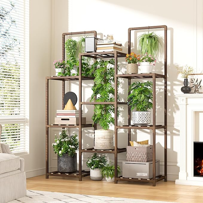 EnHomee Plant Stand Indoor Tall Plant Stand Outdoor Large Wood Plants Shelf with 10-12 Pots for Patio, Living Room, Garden, Balcony, 34.2 Wx47.6 Hx11.78 D