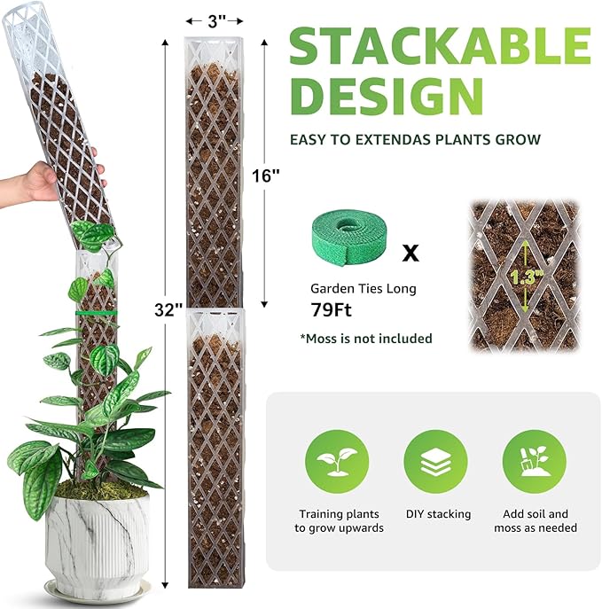 Sisher Monstera Moss Pole 4pcs Plastic Moss Pole for Climbing Plants Work with Sphagnum Moss 16 Inch D Shaped Poles Indoor Plant Support, White