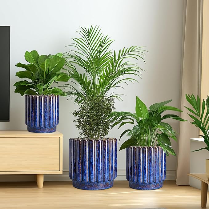 Ceramicfor Ceramic Pots for Plants - 7.6 Inch Plant Pots Indoor with Drainage Hole, Fluted Round Ceramic Planter Outdoor, Modern Flower Planter, Home Office Living Room Decor, Garden Gifts, Blue
