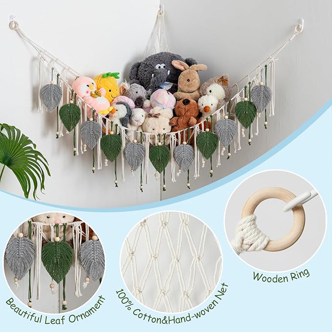 Pretty Jolly Macrame Stuffed Animal Hammock with Beads Hand Woven Leaf Tassels Corner Hanging Net Boho Plush Holder for Toys Kid Room Nursery Deco Organizer for Girls Gift(Sage Green&Avocado Green)