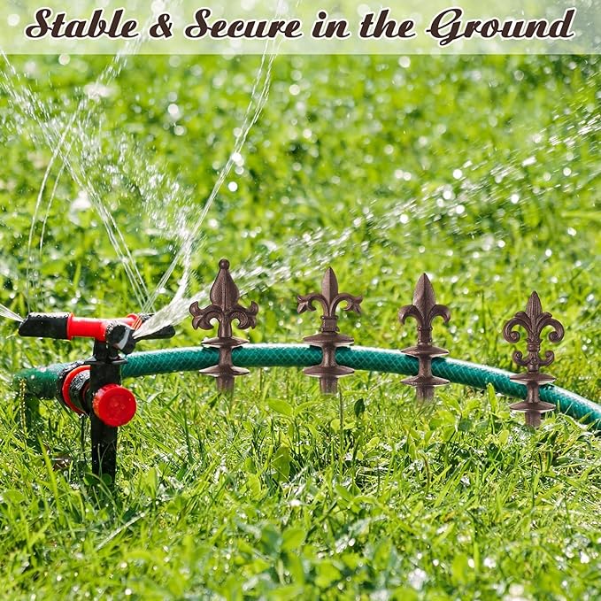 4 Pcs Antique Garden Hose Guide Spike, 13.7" Fleur De Lis Decorative Cast Iron Finial Stakes Heavy Duty Metal Plant Saver Tools Outdoor Hose Protection for Lawn Yard Patio(Rust,Assorted Styles)