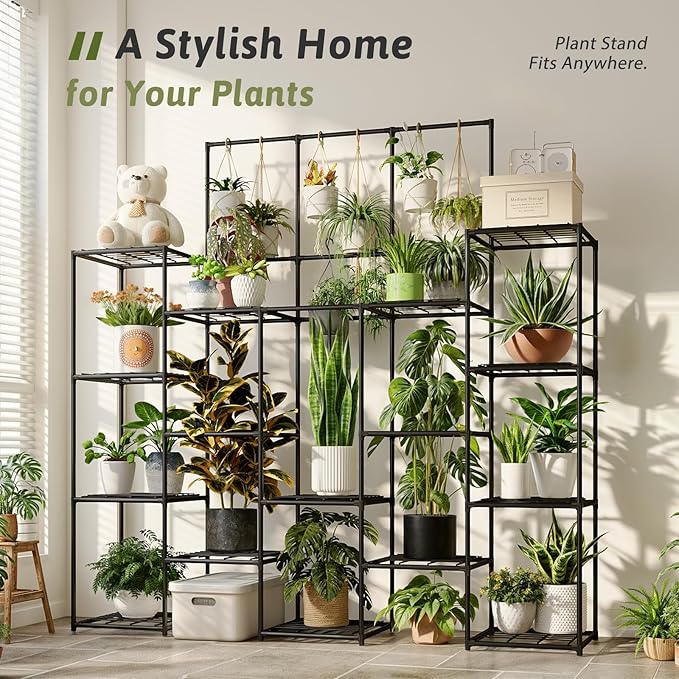 GENTINGBRO Metal Plant Stand Outdoor 63" Tall Plant Shelf for Plants 14-Tier Large Plant Sheves for Indoor Plants Living Room Heavy Duty Rack Garden Balcony Patio Hanging Planter