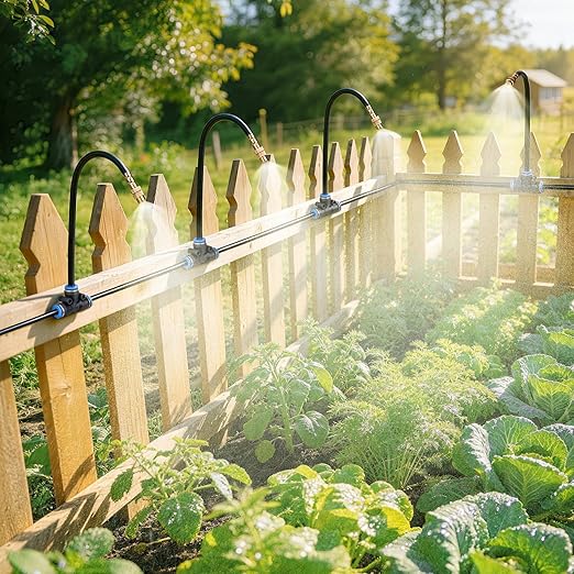 HIRALIY 360° Adjustable Drip Irrigation System 33FT, 1/4" Tubing with 5 Adjustable Copper Nozzles, Automatic Atomizing Watering Kit for Garden, Yard, Lawn, Greenhouse & Potted Plants