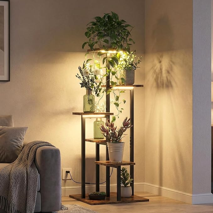 6 Tier Plant Stand Indoor with Grow Light, Tiered Plant Stands for Indoor Plants Multiple, Corner Flower Stand for Living Room, Multi-Layer Vintage Design Plant Shelf