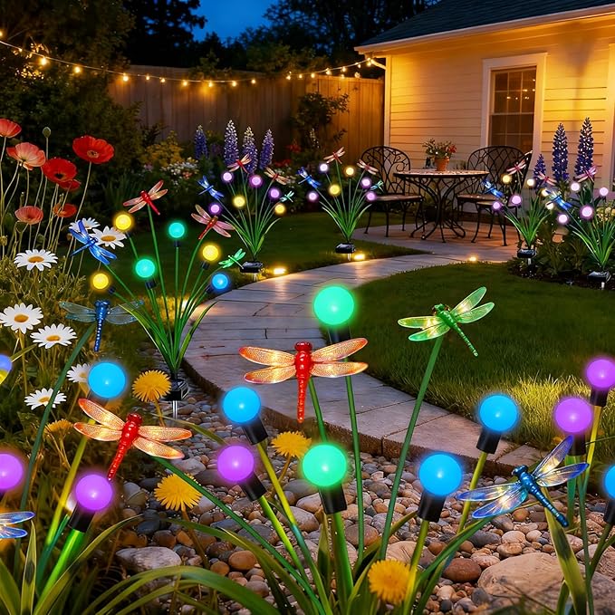 4 Pack Dragonfly Decorative Garden Stakes, 16Pcs 3D Dragonfly Decorations with Multicolor Solar Firefly Lights Realistic Dragonflies Solar Lights Outdoor for Yard Art Patio Plant Pot Flower Bed Lawn