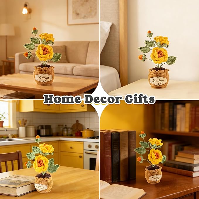 Crochet Flowers with Personalized Leather Name Tag Handmade Knitted Flowers for Home Office Desk Decor Crochet Rose Flower Potted Plant Crochet Gift for Women,Mom,Teacher, Birthday(Yellow)