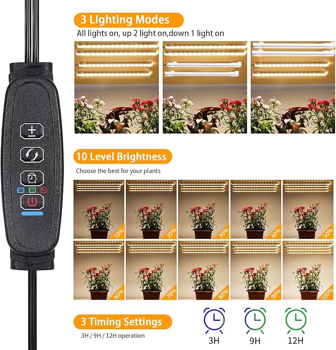 RWNTAO 8.6 Inches LED Plant Growing Light Strips, Full Spectrum 3000K Grow Light for Indoor Plants with 3/9/12H Timer, 10 Dimmable Levels for Seedling Succulent and Plant Shelf (4 Head×2pcs)
