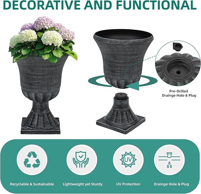 Autodaya 22" Timeless Urn Planters for Outdoor Plants, Set of 2 Plastic Large Flower Pot with Handmade Washed Black Finish, Weather-Resistant for Porch, Garden, Patio or Indoor Use