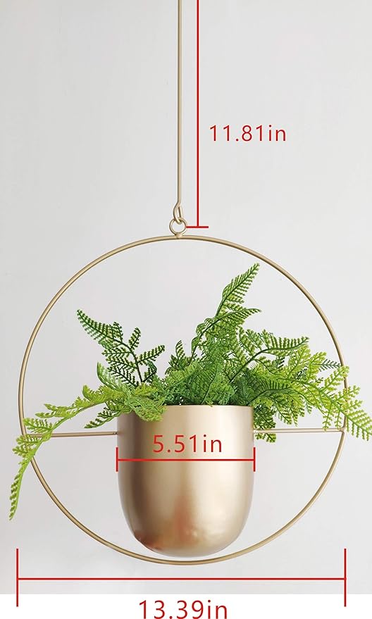RISEON Boho Gold Metal Plant Hanger,Metal Wall and Ceiling Hanging Planter, Modern Planter, Mid Century Flower Pot Plant Holder, Minimalist Planter for Indoor Outdoor Home Decor