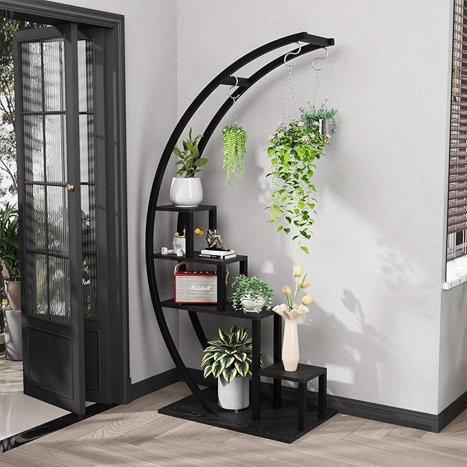 Jojoka Plant Stand Indoor Outdoor 2 Pack, 5 Tier 56" Tall Metal Plant Shelf, Heavy Duty Corner Flower Rack with Hanging Hooks, Multi Plant Holder for Living Room Garden Balcony,Black