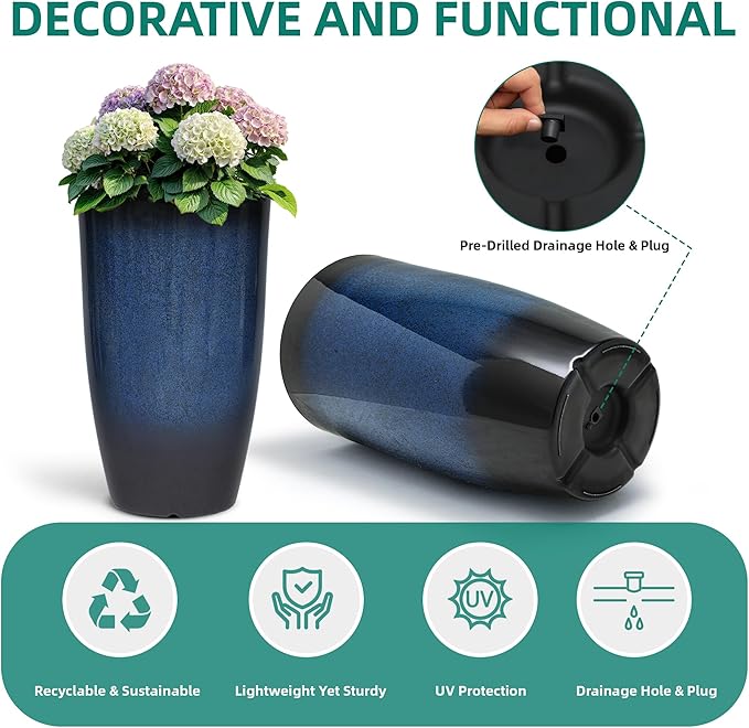 Autodaya 23.8" Large Tall Planters Set of 2 Plant Pot Plastic Flower Pots Outdoor Gradient Cobalt Blue Finish Front Porch Decor Pot Weather-Resistant & Lightweight for Garden, Patio, Deck, Indoor