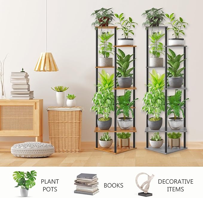 Tall Plant Stand Indoor, 7-Tier Modern Plant Shelf for Multiple Plants, Wood Metal Flower Holder for Living Room Balcony Bedroom, Oak Grey