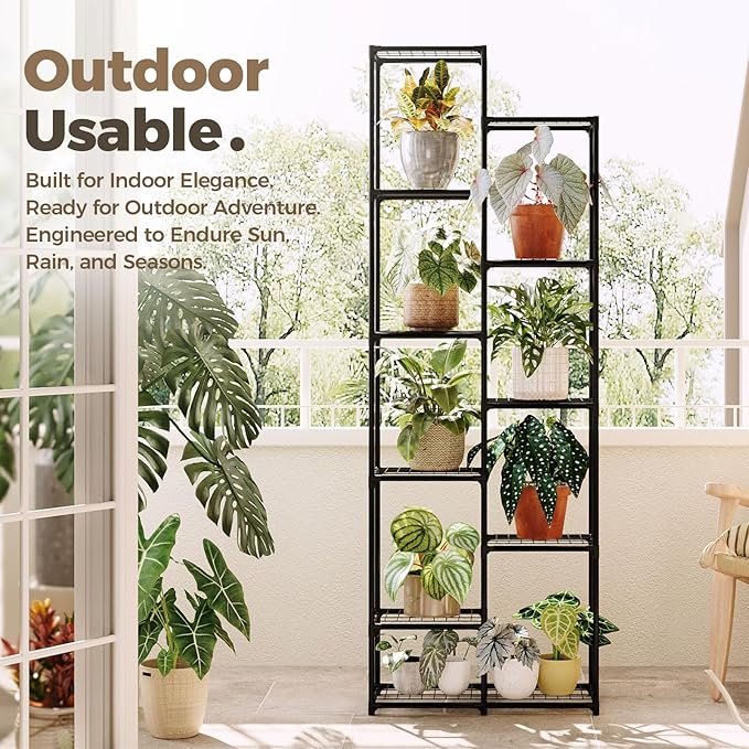 Bamworld Plant Stand Indoor Outdoor 11 Tier Tall Large Metal Plant Shelf Multi Tier Flower Stands Garden Shelves Wooden Plant Display Holder Rack for Living Room Corner Black