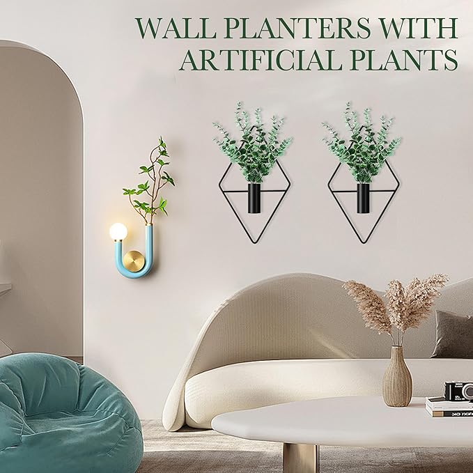 2 Pack Black Wall Decor Hanging Planters with Artificial Plants Metal Hanging Vase Indoor Plants Holder Modern Boho Wall Art for Bathroom Bedroom Living Room Office (Black, Eucalyptus)