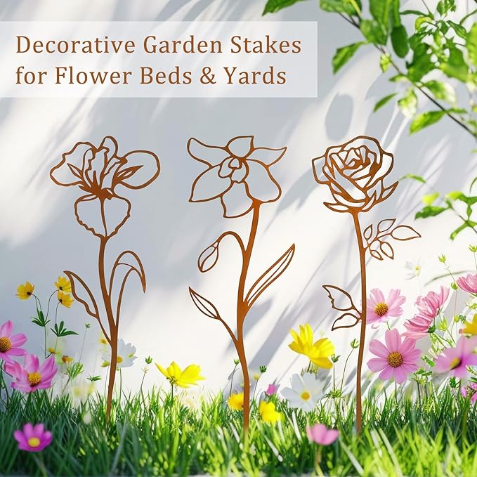 Rusty Metal Flowers for Outside, 6 PCS Decorative Garden Stakes, Metal Yard Art Outdoor Flower Bed Decor, Garden Stakes Decorative for Lawn, Pots, Walkway