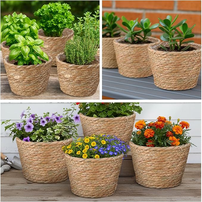 4 Pcs Straw Plant Baskets Indoor Rattan Woven Flower Baskets with Plastic Liner, Cattail Plant Planter for Indoor Outdoor Rustic Boho Home Farmhouse Floor Potted Pots Decor