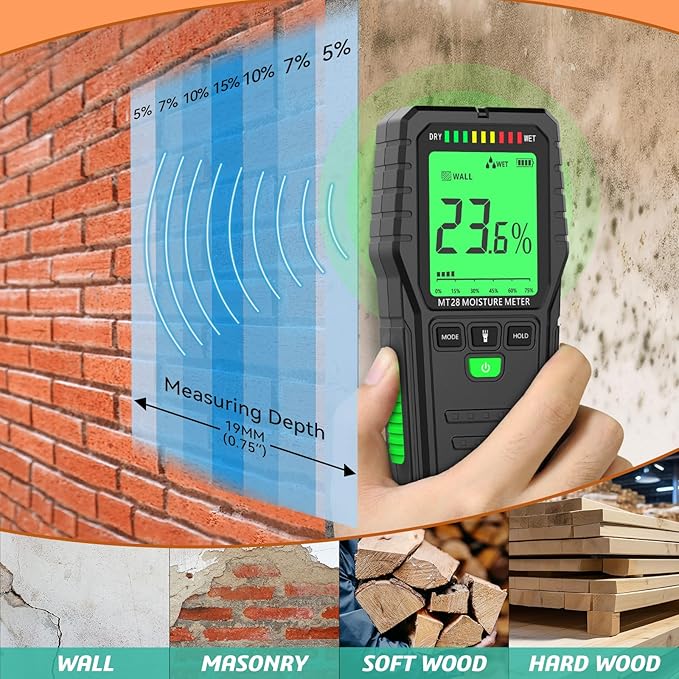 Pinless Moisture Meter for Wood Concrete – Digital Moisture Tester with 3-Color LCD Display, Audible Alarm & HOLD Function – Ideal for Firewood, Lumber, Home Inspections (Green)