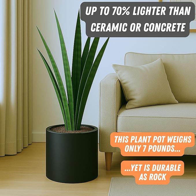 Fox & Fern Large 12 Inch Black Plant Pot — Premium Lightweight Fiberstone Matte Black Planter w Drainage Plug, Large Indoor & Outdoor Planter; 12 Inch Pots for Plants, Weather Resistant & UV Resistant
