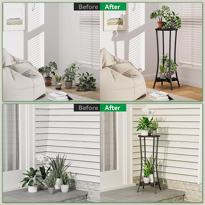 IBUYKE 30 Inch Tall Plant Stand Indoor, 2 Tier Wood Corner Plant Stand, Modern Round Plant Shelf Flower Stand for Living Room Patio Balcony Garden, Black TMJ074B