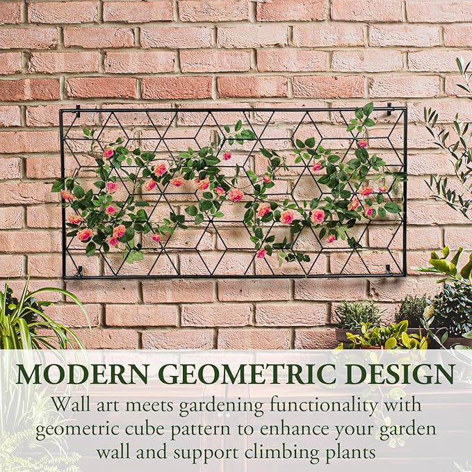 MyGift 4 Foot Geometric Cube Pattern Style Matte Black Metal Wire Garden Trellis, Wall Mounted Large Support Lattice Frame for Climbing Plants and Crawling Vines