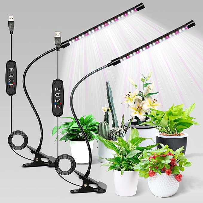 iPower 21 LED Grow Light with Full Spectrum for Indoor Plants, Adjustable Gooseneck, 10 Dimmable Levels&3 Light Modes, Auto 6H/9H/12H Timer, 2 Pack