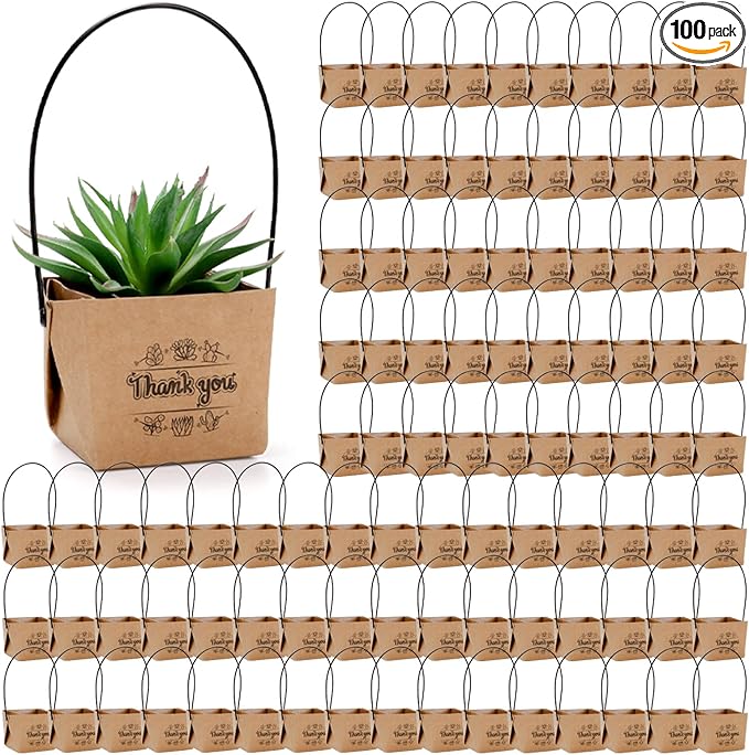 Covzoe 100 Pieces Succulent Wrap Bags, Fits 2 Inch Pots, Thank You Succulent Gift Box with Handles, Waterproof Kraft Paper Wedding Party Favors for Guests Plants Decoration