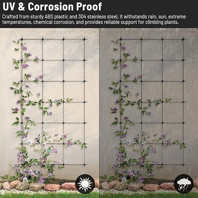 Wire Trellis for Climbing Plants Outdoor, 20-Set Black ABS Plastic Wall Wire Trellis Kit with 1/8" x 65ft Vinyl Coated Cable & Cutter, Stainless Steel Cable Espalier System for Garden Fence