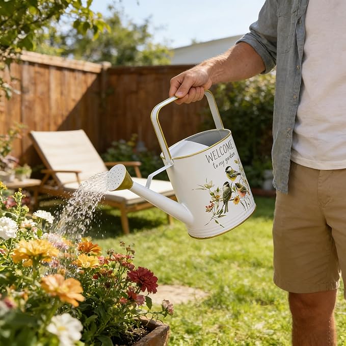Vintage Decorative Metal Watering Can - Welcome to My Garden with Charming Bird & Floral Design, Rustic Farmhouse Watering Pot Planter for Indoor/Outdoor Plant Care