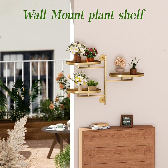 YQSLYSF Window Rotating Plant Stand Shelf Indoor Gold Metal Floating Shelves 3-Tier Wall Mount Plant hanger Holders for Wall Planter Modern Home Decor window sill gifts