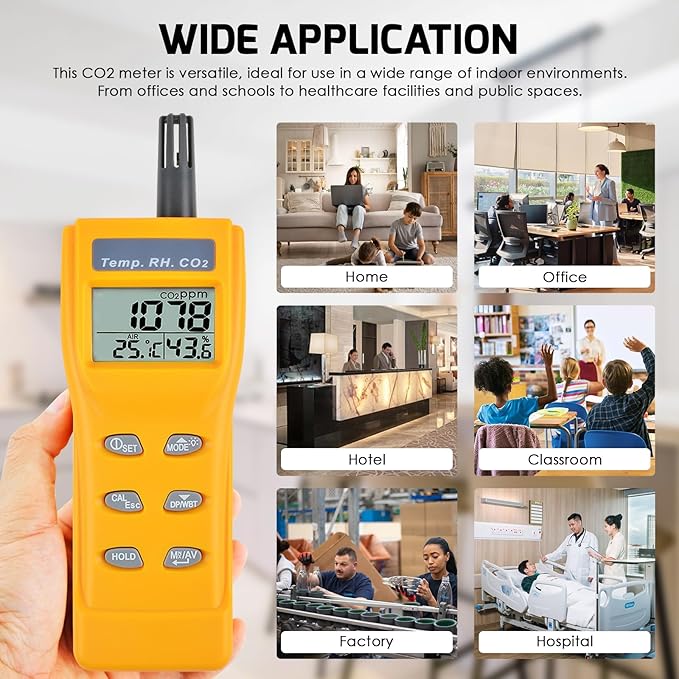 CO2 Meter Portable CO2 Detector Digital CO2 Monitor with Alarm Function Carbon Dioxide Temperature and Humidity Meter, NDIR CO2 Sensor Indoor Air Quality Monitor for Home Office Grow Room