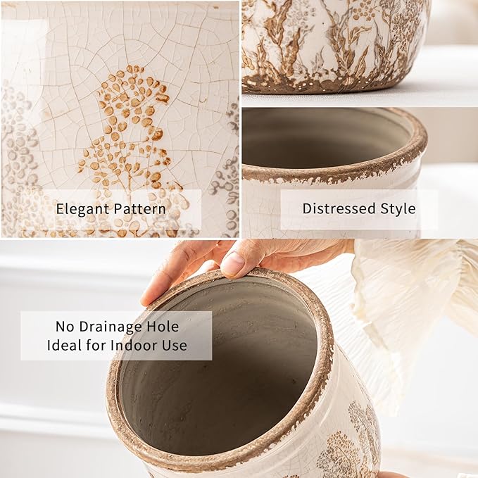 SURE YUESI Set of 2 Ceramic Planters 4.7” & 5.7”, Vintage Brown Rustic Flower Pots Without Drainage Hole, Decorative Indoor Plant Pots for Home Decor, Living Room