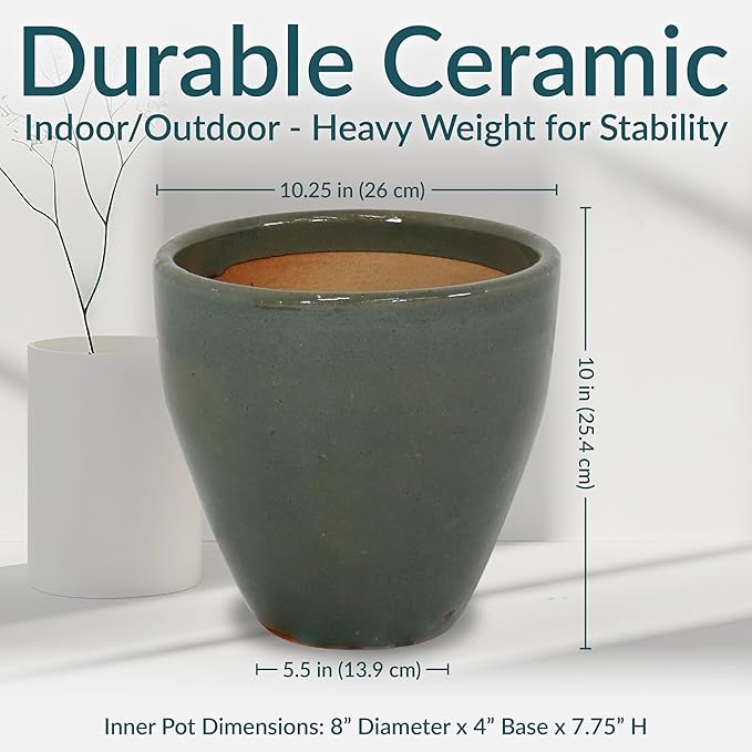 Sunnydaze Resort Round Ceramic Planter - Set of 2 Indoor or Outdoor Plant Pots with Drainage Hole - 10" - Gray