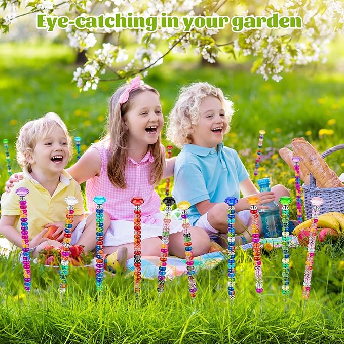 230 Pcs Beaded Garden Stakes, 12IN Fairy Wand Garden Stake Beads Kits with 200 Colorful Assortment Round Large Hole Beads with 10 Crystal Stopper Top,10 Threaded Rod and 10 Nuts for Outdoor Decoration