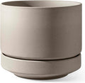 LE TAUCI Large 14 Inch Plant Pot with Saucer | Ceramic Outdoor & Indoor Big Planter Pot | Drainage Hole, Mesh Pad | Unglazed Porous | Modern Minimalist for Home and Patio – Neutral Gray