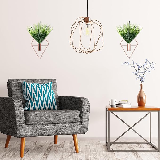 Canlierr 2 Pieces Wall Decor Hanging Planters with Artificial Plants Metal Hanging Vase Indoor Plants Holder Modern Boho Wall Art for Bathroom Bedroom Living Room Decor(Rose Gold,Aquatic Plant)