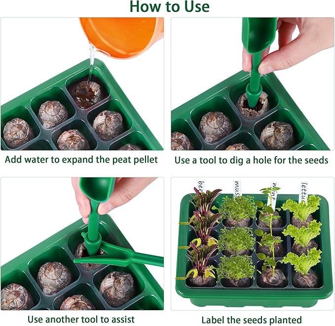 Hahood 10 Sets Seed Starter Tray Kit Seed Starter Trays with Humidity Dome and Base Include 120 Peat Pellets 200 Plant Labels Garden Tools Plant Germination Tray Set for Indoor Outdoor Planting, Green