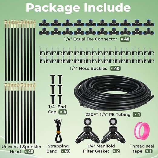 230FT Drip Irrigation System for Garden: 40 Nozzles 1/4" PE Tubing Automatic Watering Kit Adjustable Misting Sprinkler Mister Hose for Water Plants Tape Raised Beds Lawn Outdoor Yard Greenhouse