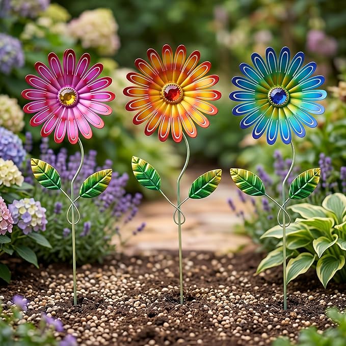 Metal Flower Garden Stakes 3 Pcs, Weatherproof Rust Resistant Yard Art for Outdoor Patio Lawn Pathway Decorations