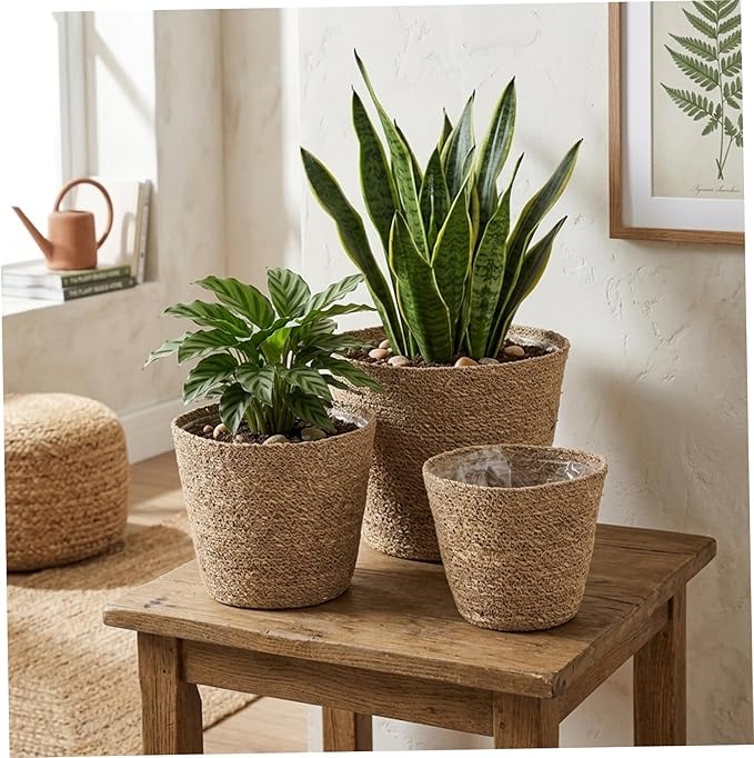 3PCS Woven Planter Rustic Seagrass Baskets with Liners for Indoor Plants Natural Rattan Plant Basket (3 Size) Set 1