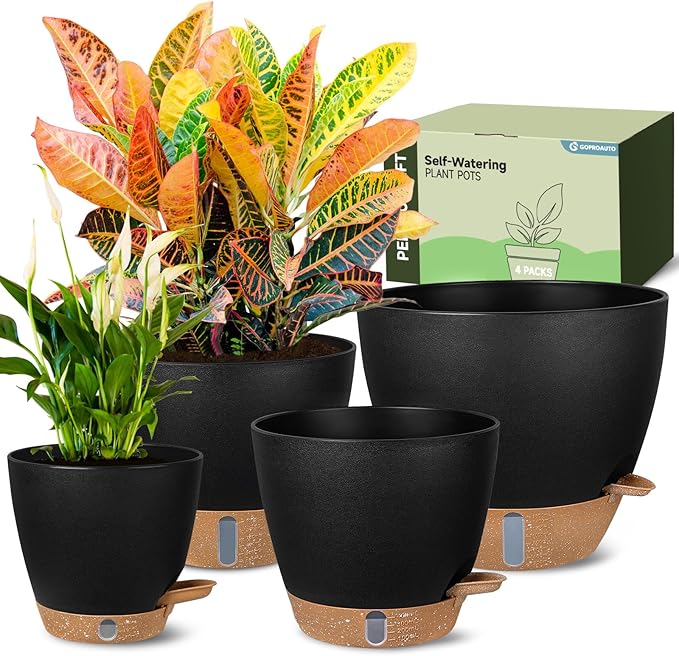 Self-Watering Pots for Indoor Plants 4 Pack, 6/8/10/12 Inch Outdoor Planters with Water Level Indicator & Deep Reservoir, Decorative Flower Pots for Home Decor (Black, 12+10+8+6 Inch)