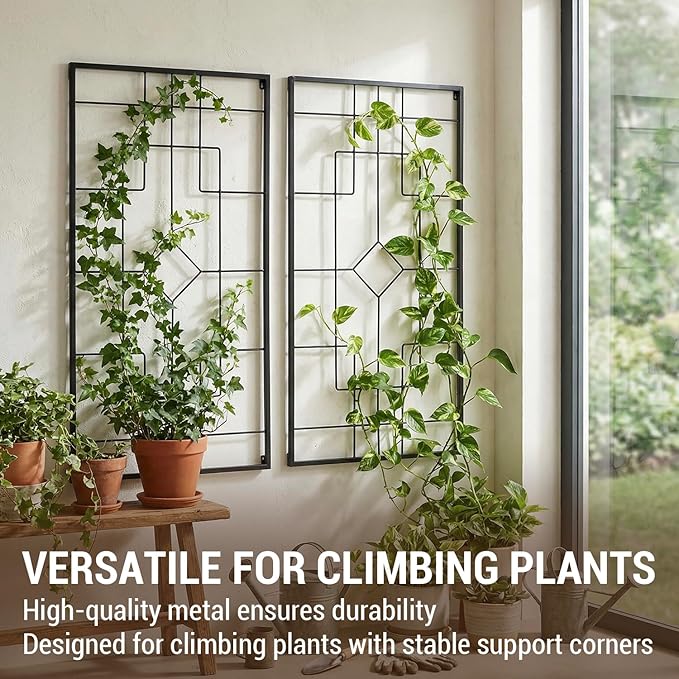 MyGift Wall Mounted Garden Trellis, 3.9 ft Black Metal Geometric Vintage Art Deco Lattice Frames for Climbing Plants and Vines