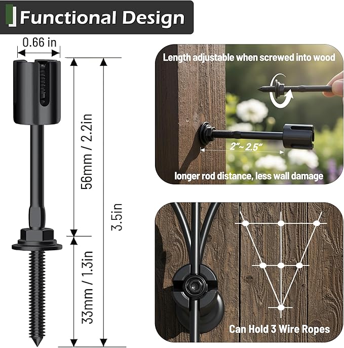 20-Set Black 1/8" Wire Trellis for Climbing Plants Outdoor with 98ft Vinyl Coated Cable, T316 Stainless Steel Wall Wire Trellis Kit