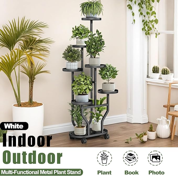 Plant Stand with Wheels 6 Tier Metal Flower Shelf for Indoor Outdoor Corner Multiple Plants Holder Rack for Bedroom Living Room Garden Balcony Yard Black (Black, 6 Tier)