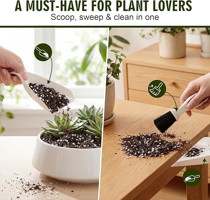 Enhon Soil Scoop with Brush for Indoor Plants, 2 in 1 Plant Potting Scoop Tool for Mess Free Repotting, Mini Dustpan and Brush Set for Houseplants, Succulents, Gardening